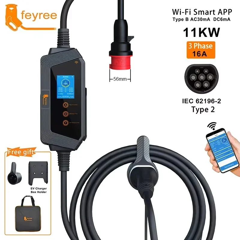feyree 11KW 16A 3Phase Type2 P - огляд і ціна Type 2 Portable Ev Charger 11Kw Cee