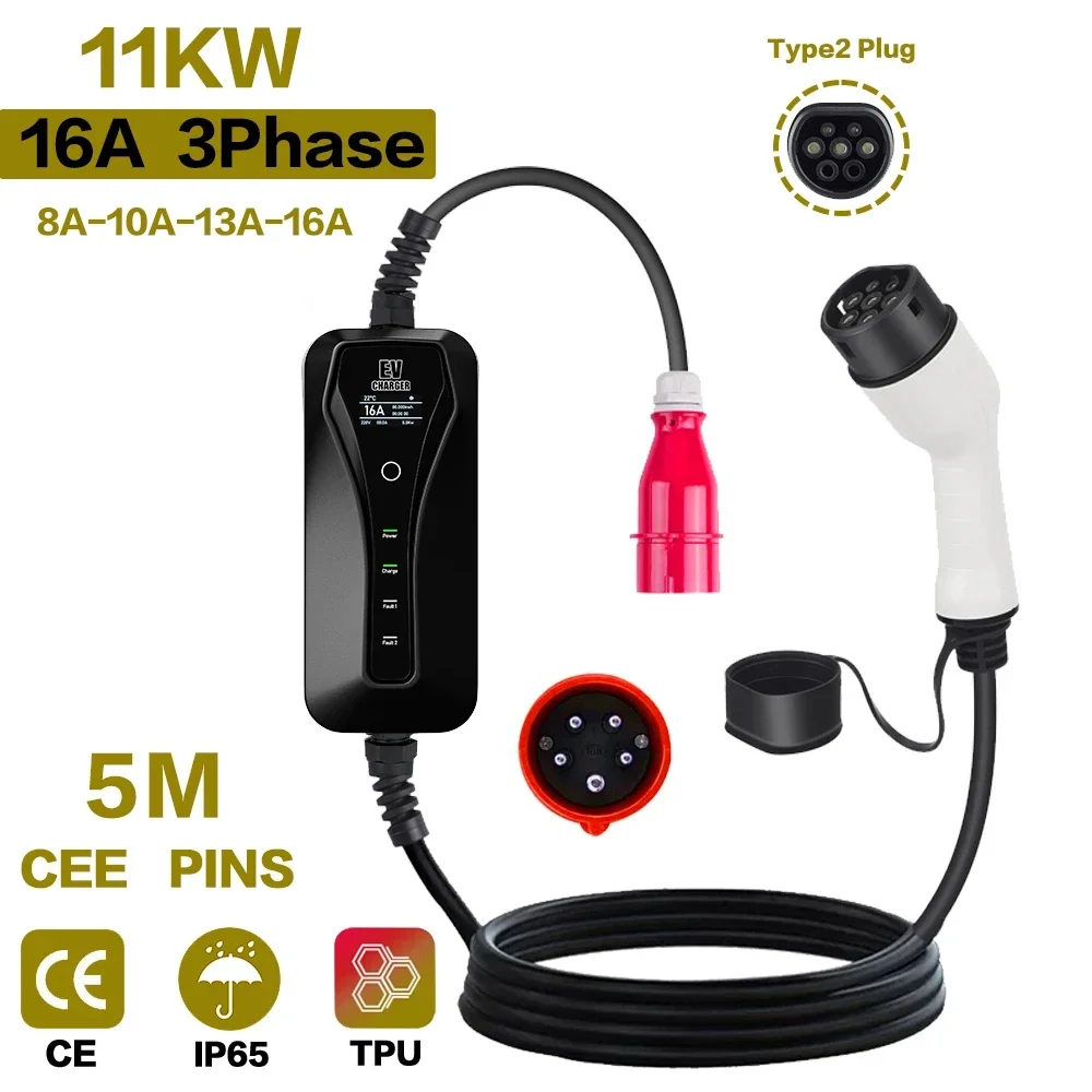11KW 16A Portable EV Charger T - огляд і ціна Type 2 Portable Ev Charger 11Kw Cee